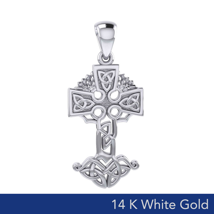 Celtic Tree of Life Irish Cross 14 Karat Solid White Gold Pendant WPD6123