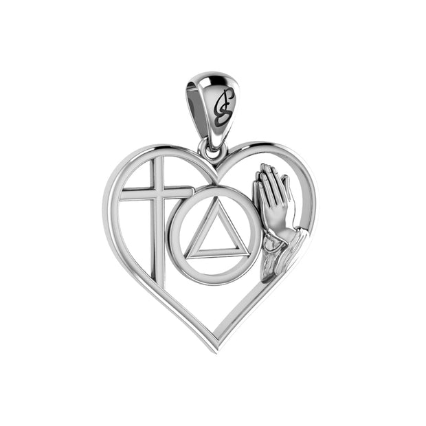 AA Recovery Symbol with Faith and Christogram in Heart Solid Gold Pendant GPD6386