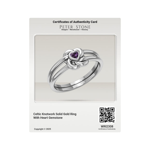 Celtic Knotwork Solid White Gold Ring With Heart Gemstone WRI2308