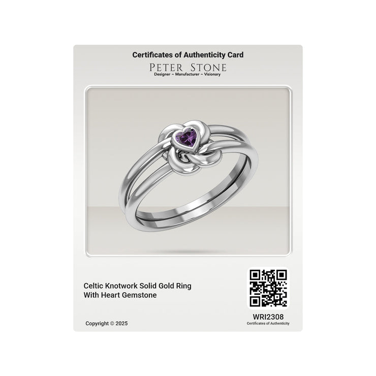 Celtic Knotwork Solid White Gold Ring With Heart Gemstone WRI2308