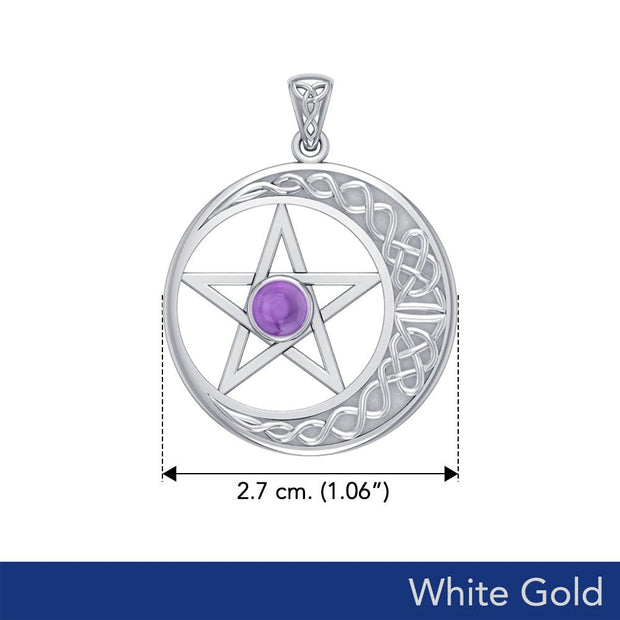 14K White Gold Celtic Crescent moon with Pentacle Pendant WTP474