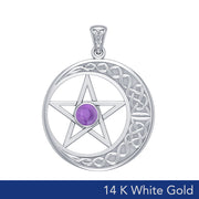 14K White Gold Celtic Crescent moon with Pentacle Pendant WTP474