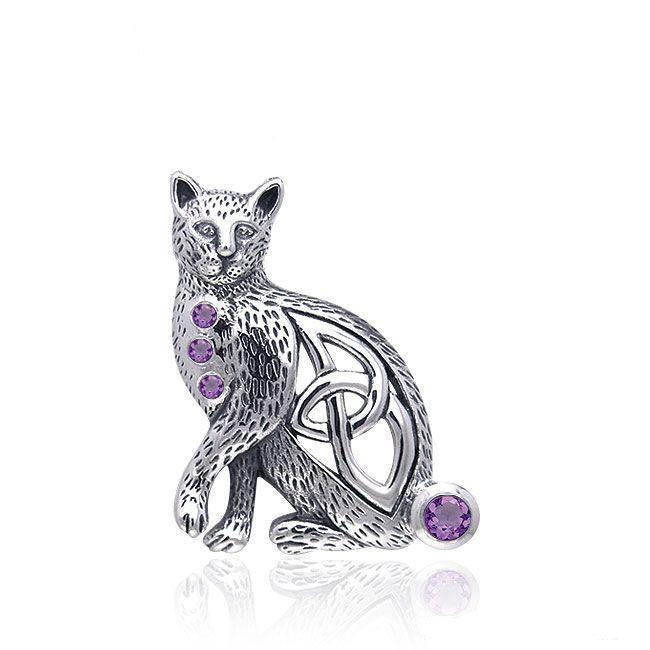 A regal mystery ~ Celtic Knotwork Cat Sterling Silver Pendant with Gemstones TPD332 - Wholesale Jewelry
