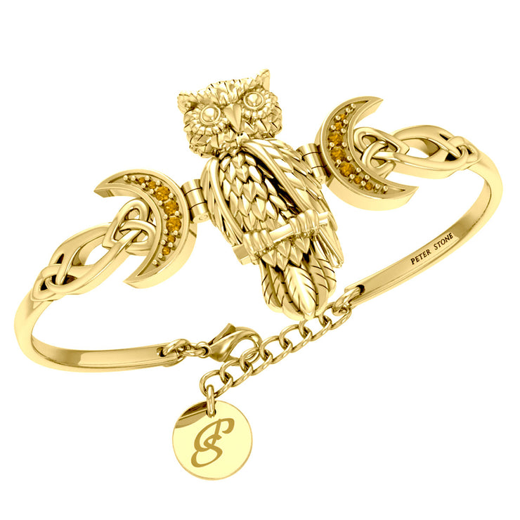 Great Horned Owl with Crescent Moon and Celtic Heart 14K Gold Cuff Bracelet GBA290