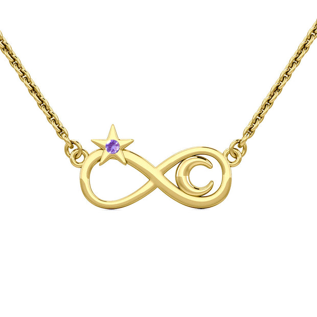 Infinity Moon and Star 14K Solid Gold Necklace with Gemstone GNC486