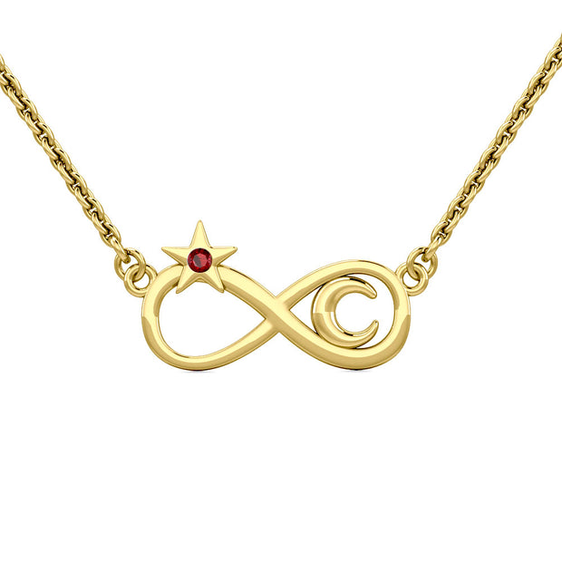 Infinity Moon and Star 14K Solid Gold Necklace with Gemstone GNC486
