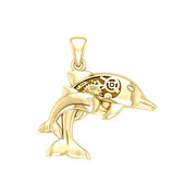 Gentle dolphins in steampunk ~ Sterling Solid Gold Jewelry Pendant with 14k Gold Accent GPD3929