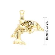 Gentle dolphins in steampunk ~ Sterling Solid Gold Jewelry Pendant with 14k Gold Accent GPD3929