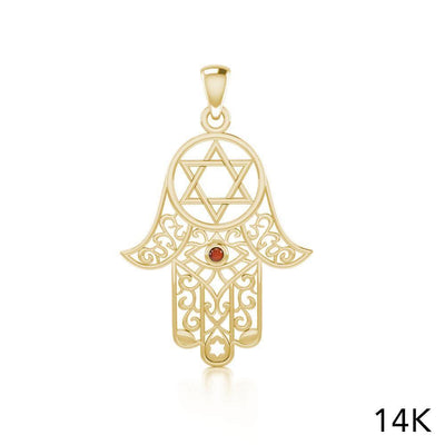 Hamsa and Star of David Solid Gold Pendant with Gemstone GPD5079