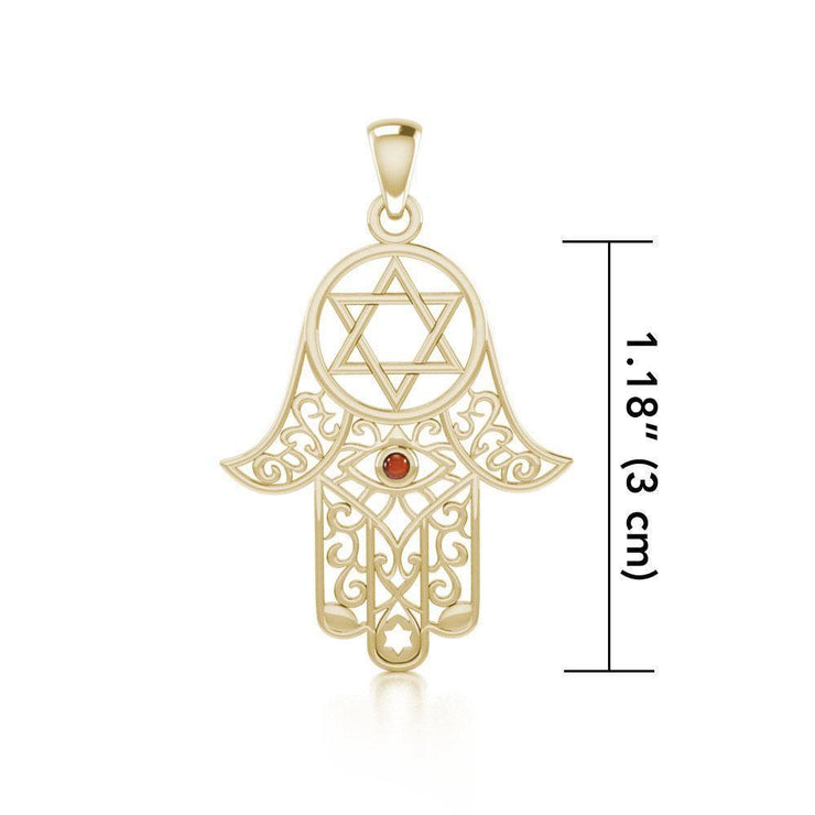 Hamsa and Star of David Solid Gold Pendant with Gemstone GPD5079