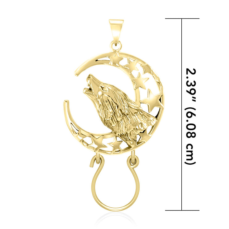 Baying Wolf and Moon 14 K Solid Gold Charm Holder Pendant GPD5083