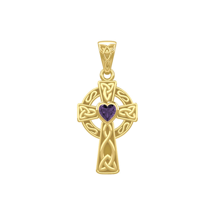 Celtic Cross Yellow Gold Pendant with Heart Gemstone GPD5337