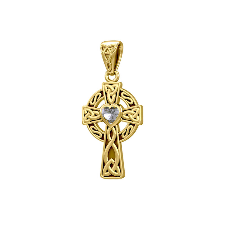 Celtic Cross 14K Yellow Gold Pendant with Heart Gemstone GPD5337