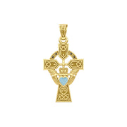 Celtic Cross and Irish Claddagh Yellow Gold Pendant with Heart Gemstone GPD5340