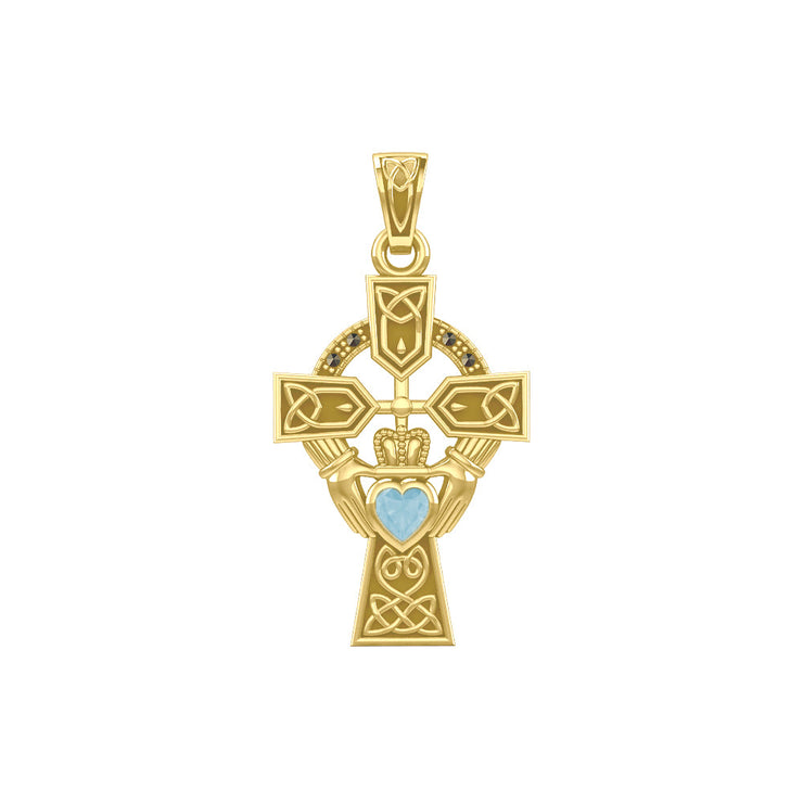 Celtic Cross and Irish Claddagh Yellow Gold Pendant with Heart Gemstone GPD5340