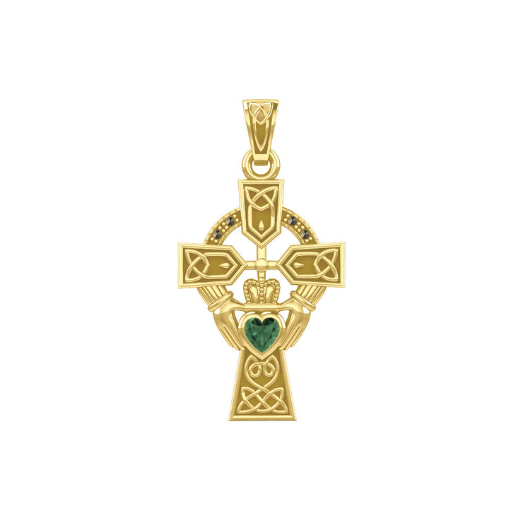 Celtic Cross and Irish Claddagh Yellow Gold Pendant with Heart Gemstone GPD5340