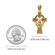Celtic Cross and Irish Claddagh 14K Yellow Gold Pendant with Heart Gemstone GPD5340