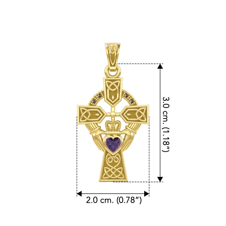 Celtic Cross and Irish Claddagh Yellow Gold Pendant with Heart Gemstone GPD5340