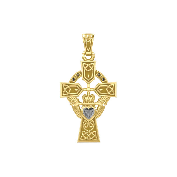 Celtic Cross and Irish Claddagh Yellow Gold Pendant with Heart Gemstone GPD5340