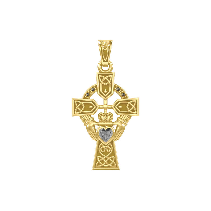 Celtic Cross and Irish Claddagh Yellow Gold Pendant with Heart Gemstone GPD5340