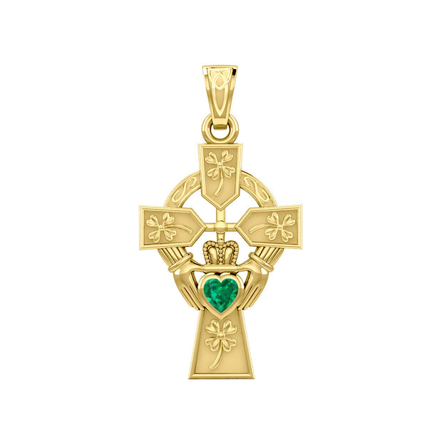 Claddagh Celtic Cross with Lucky Four Leaf Clover 14K Yellow Gold Pendant GPD5359
