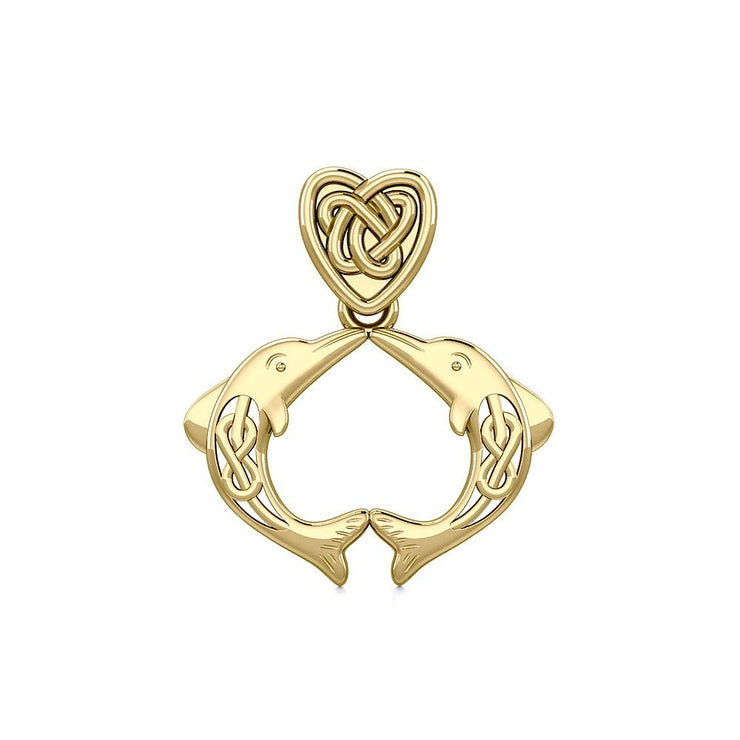 Celtic Double Dolphins with Celtic Heart Bale Solid Gold Pendant GPD5697