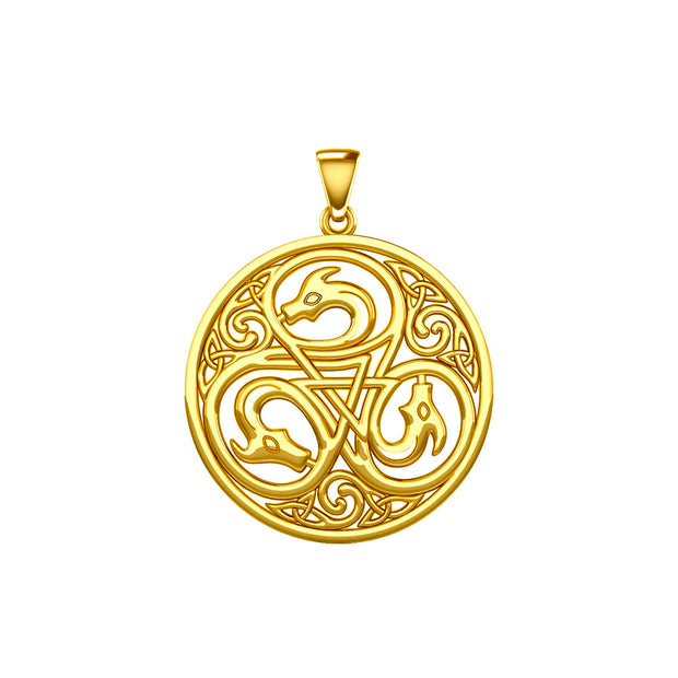 Dragon with Triskele Solid Gold Disc Pendant GPD5820