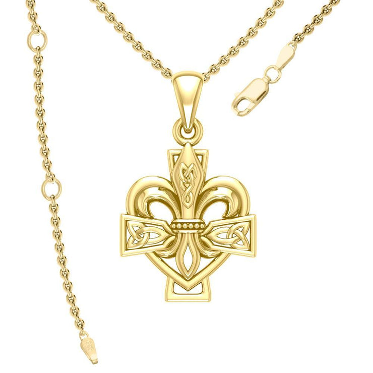 A powerful combination of Celtic elements Yellow Gold Jewelry Pendant in Fleur-de-Lis and Celtic Cross GPD6068