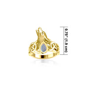 Celtic Howling Wolf 14 Karat Solid Gold Ring with Gem GRI2167