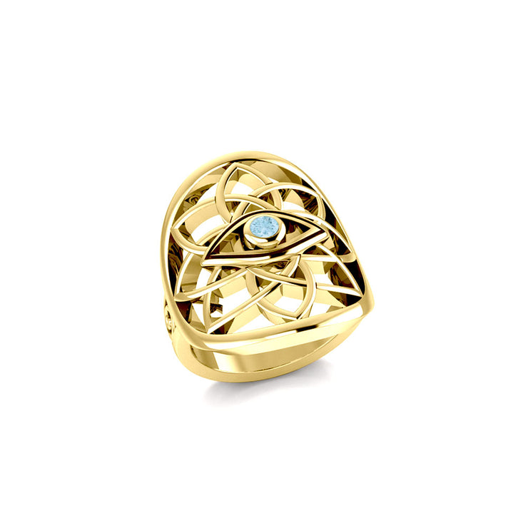 Flower of Life Eye Solid 14K Gold Ring with Gem GRI2168