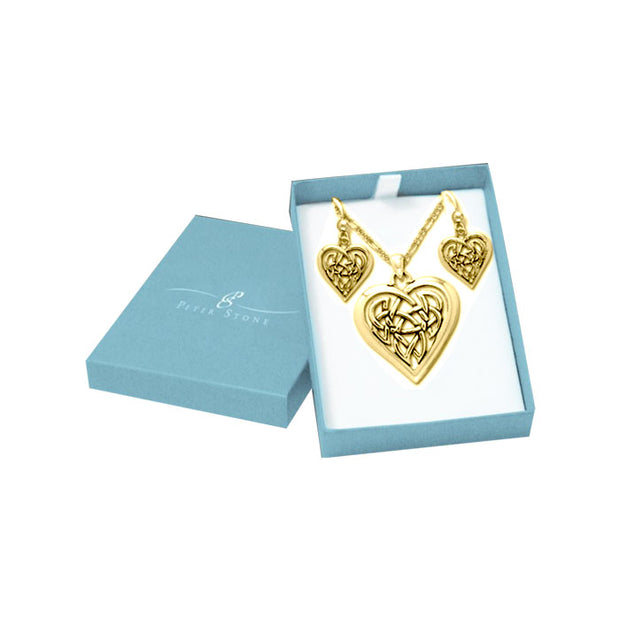 Celtic Heart Solid Gold Pendant Chain and Earrings Box Set GSET004