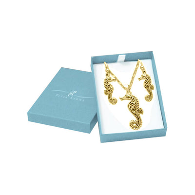 Beautiful as a Seahorse Solid Gold Pendant Chain and Earrings Box Set GSET006