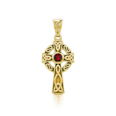 Celtic Knotwork Cross Solid Gold Pendant with Gem GTP1412