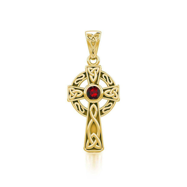 Celtic Knotwork Cross Solid Gold Pendant with Gem GTP1412