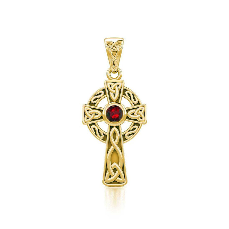 Celtic Knotwork Cross Solid Gold Pendant with Gem GTP1412