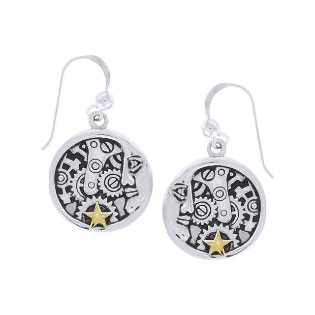 Moon Face Steampunk Silver and Gold Earrings MER1360