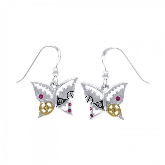 Fluttering butterflies in my heart ~ Sterling Silver Steampunk Hook Earrings with 14k Gold accent MER1370