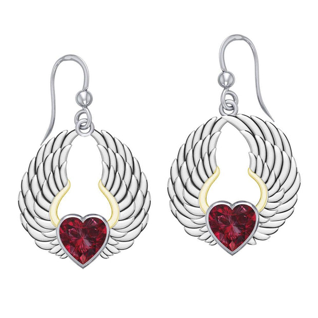 Gemstone Heart and Angel Wings Silver and 14K Gold Plated Earrings MER1742