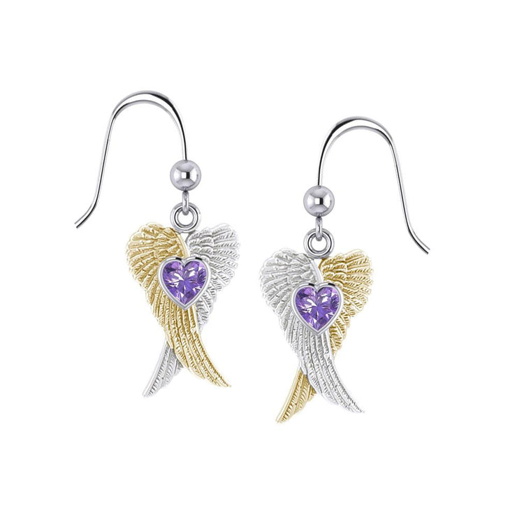 Heart Gemstone and Double Angel Wings Silver and 14K Gold Plate Earrings MER1744 - Peter Stone Wholesale