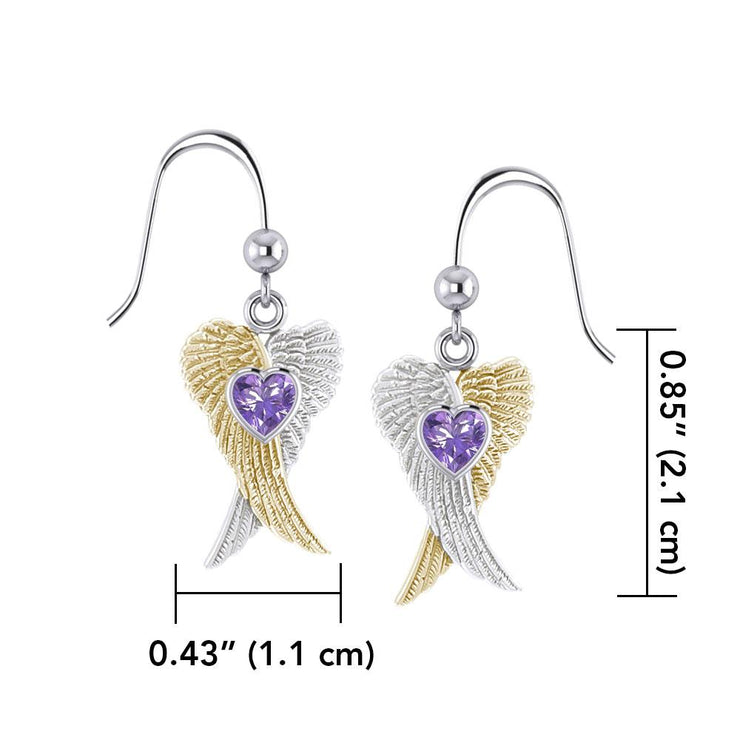 Heart Gemstone and Double Angel Wings Silver and 14K Gold Plate Earrings MER1744 - Peter Stone Wholesale