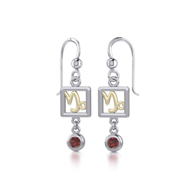 Capricorn Zodiac Sign Silver and Gold Earrings Jewelry with Garnet MER1766