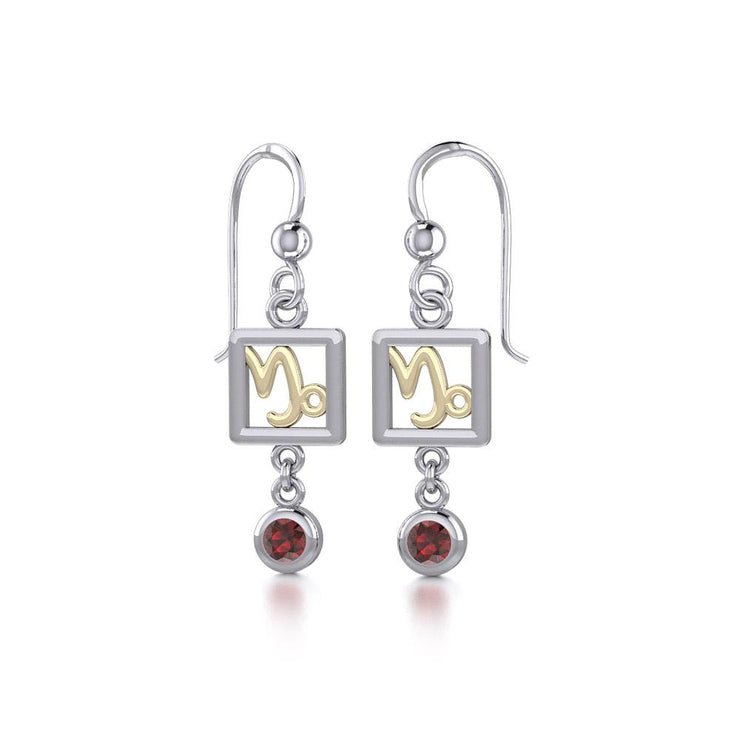 Capricorn Zodiac Sign Silver and Gold Earrings Jewelry with Garnet MER1766