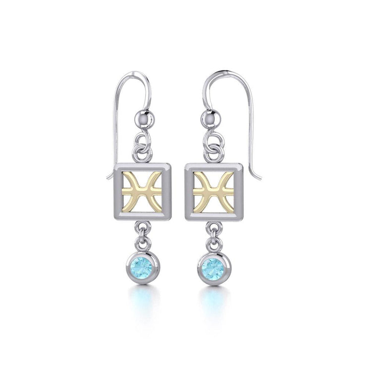 Pisces Zodiac Sign Silver and Gold Earrings Jewelry with Aquamarine MER1768