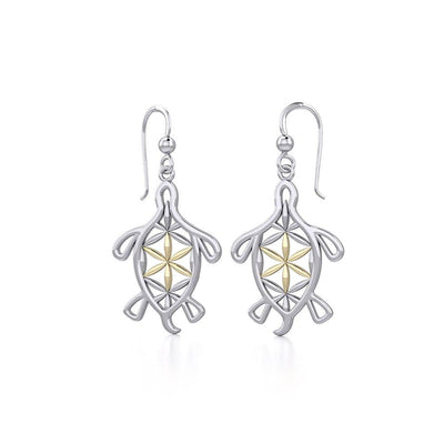Turtle with Flower of Life Shell Silver and Gold Earrings MER1784
