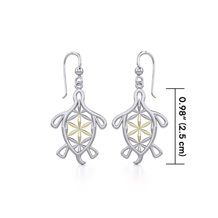 Turtle with Flower of Life Shell Silver and Gold Earrings MER1784