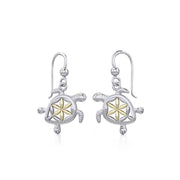 Swimming Turtle with Flower of Life Shell Silver and Gold Earrings MER1786