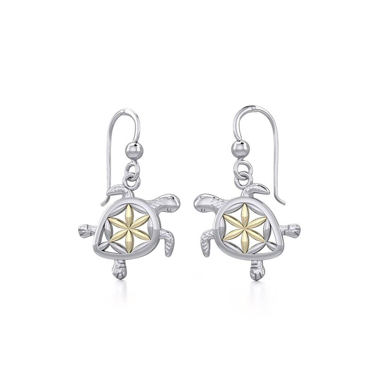 Swimming Turtle with Flower of Life Shell Silver and Gold Earrings MER1786