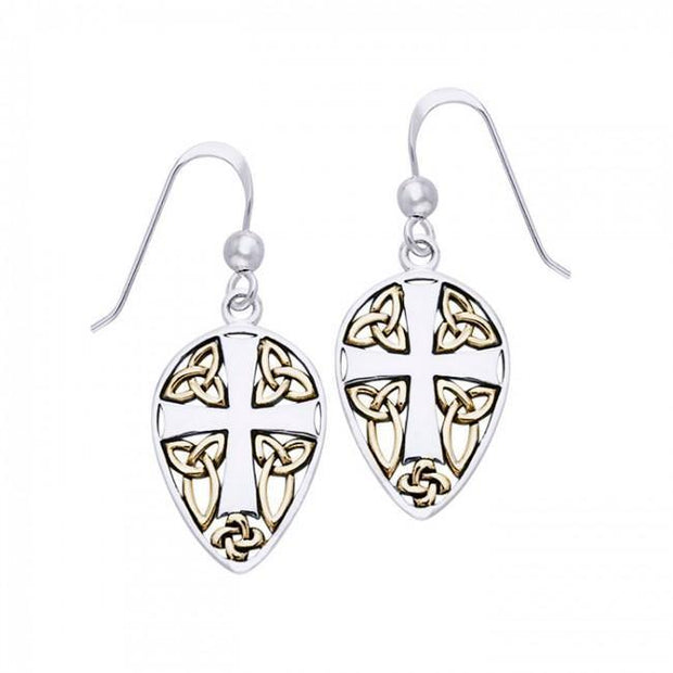 Celtic Knotwork Cross Shield ~ Sterling Silver Hook Earrings Jewelry with 14k Gold Accent MER471
