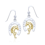 Declared strength and virtue of a Friesian Horse ~ Sterling Silver Horseshoe Hook Earrings Jewelry with 14k Gold Accent MER537