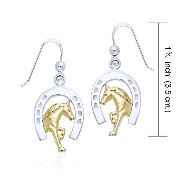 Declared strength and virtue of a Friesian Horse ~ Sterling Silver Horseshoe Hook Earrings Jewelry with 14k Gold Accent MER537